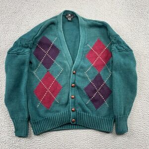 Structure Cardigan Mens XL Green Argyle Vintage Cable Knit Ramie Cotton Sweater